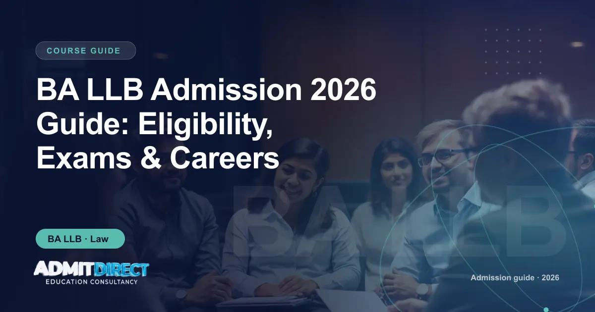 Students in a classroom discussion with a faculty member, with the title “BA LLB Admission 2026 Guide: Eligibility, Exams & Careers” — AdmitDirect article cover