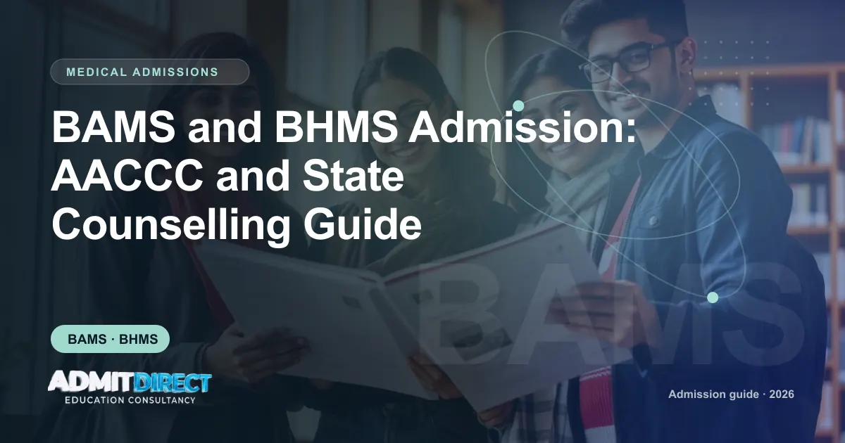 Students looking through a college prospectus together, with the title “BAMS and BHMS Admission: AACCC and State Counselling Guide” — AdmitDirect article cover