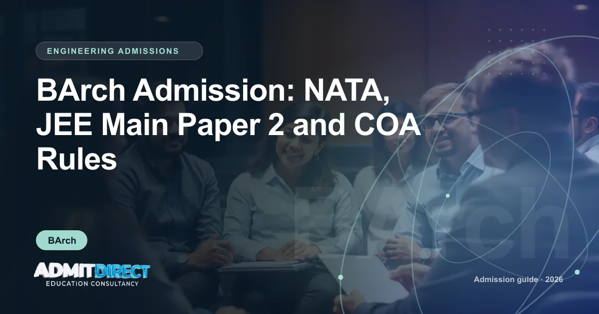 Students in a classroom discussion with a faculty member, with the title “BArch Admission: NATA, JEE Main Paper 2 and COA Rules” — AdmitDirect article cover