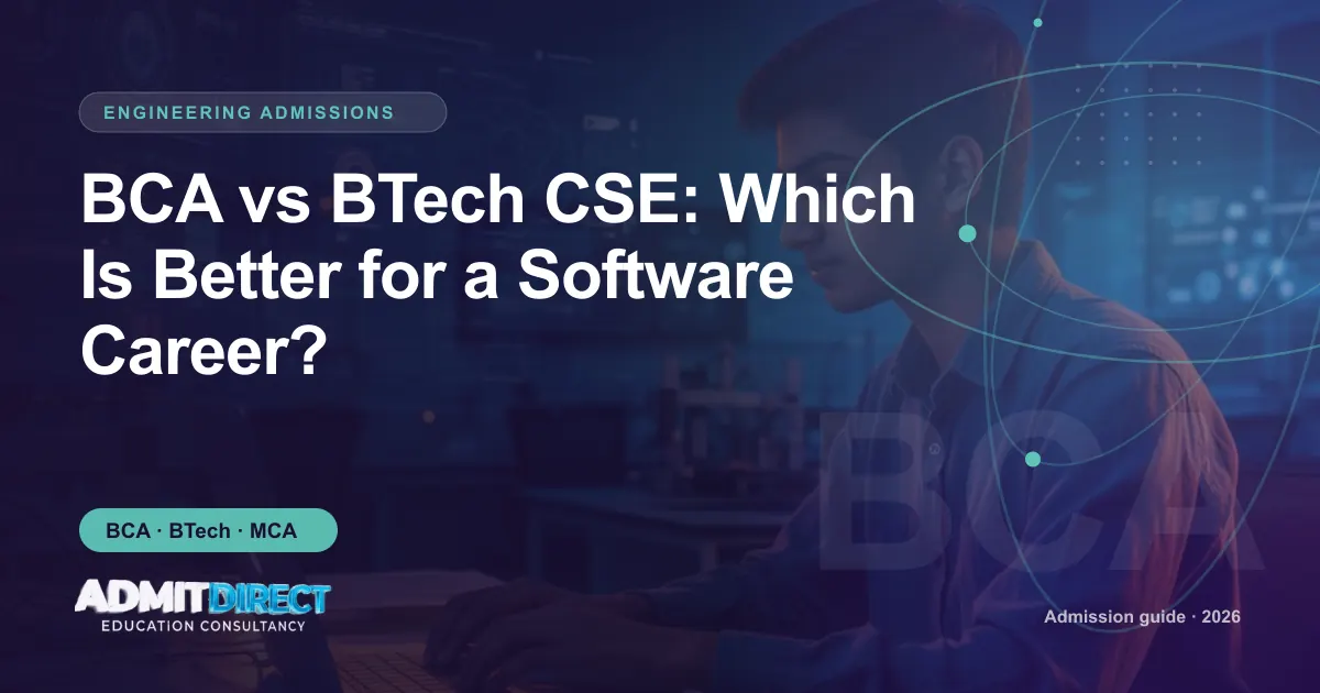 Student working at a computer in a technology lab, with the title “BCA vs BTech CSE: Which Is Better for a Software Career?” — AdmitDirect article cover