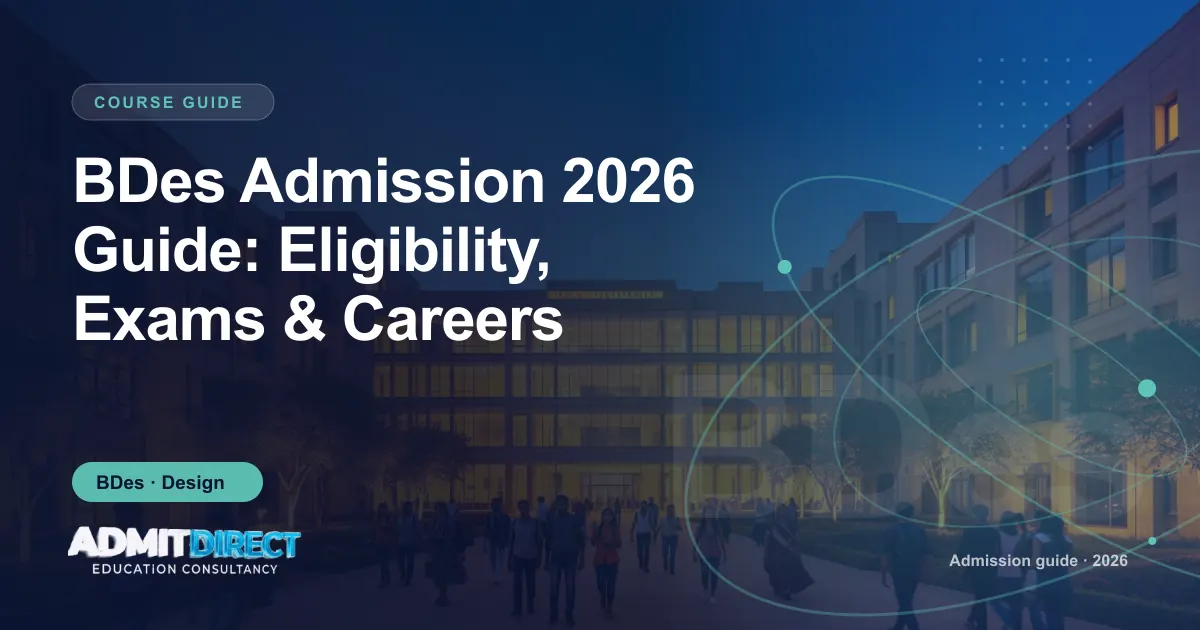 University campus courtyard lit up in the evening, with the title “BDes Admission 2026 Guide: Eligibility, Exams & Careers” — AdmitDirect article cover