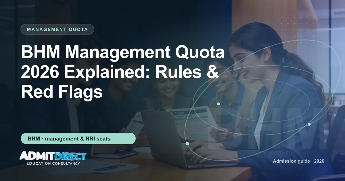 Students reviewing university brochures together, with the title “BHM Management Quota 2026 Explained: Rules & Red Flags” — AdmitDirect article cover