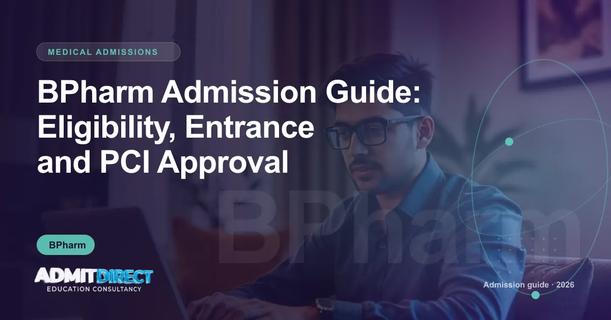 Student studying on a laptop, with the title “BPharm Admission Guide: Eligibility, Entrance and PCI Approval” — AdmitDirect article cover