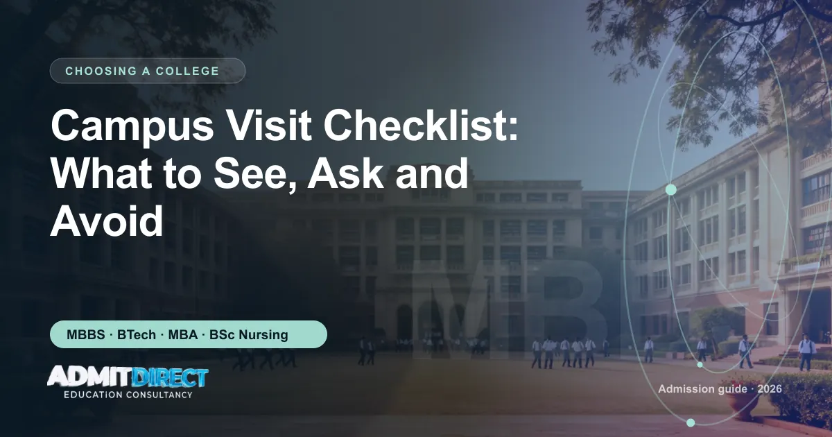 Private university campus with students on the lawn, with the title “Campus Visit Checklist: What to See, Ask and Avoid” — AdmitDirect article cover