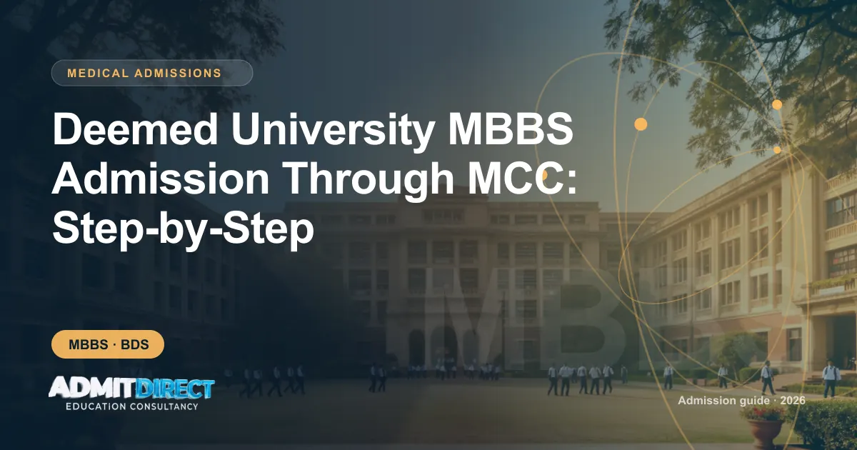 Private university campus with students on the lawn, with the title “Deemed University MBBS Admission Through MCC: Step-by-Step” — AdmitDirect article cover
