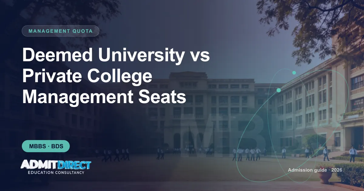 Private university campus with students on the lawn, with the title “Deemed University vs Private College Management Seats” — AdmitDirect article cover