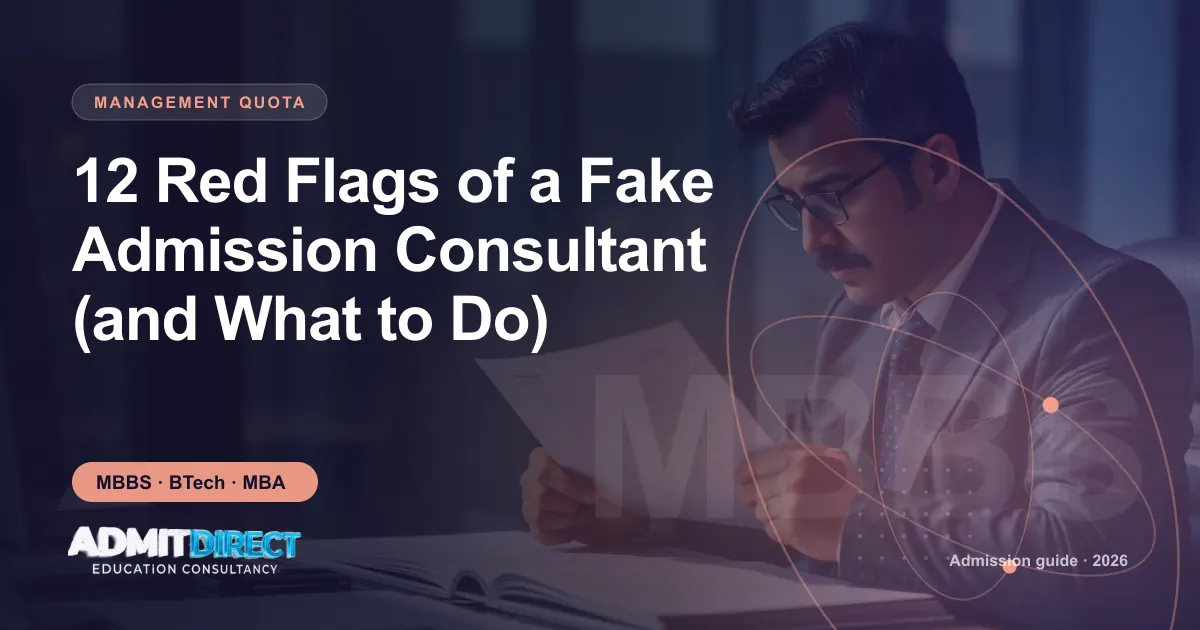 Person carefully reading official admission documents, with the title “12 Red Flags of a Fake Admission Consultant (and What to Do)” — AdmitDirect article cover