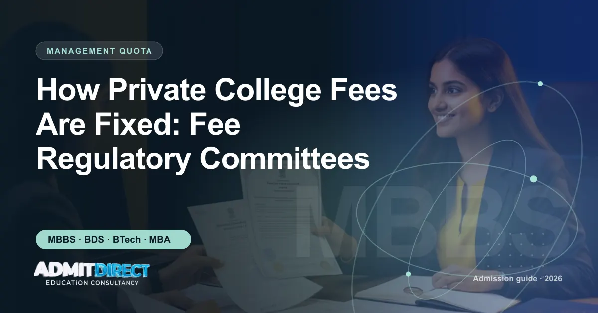 Admission adviser and student reviewing documents across a desk, with the title “How Private College Fees Are Fixed: Fee Regulatory Committees” — AdmitDirect article cover