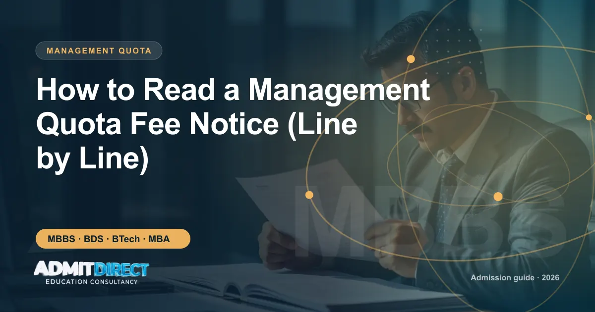 Person carefully reading official admission documents, with the title “How to Read a Management Quota Fee Notice (Line by Line)” — AdmitDirect article cover