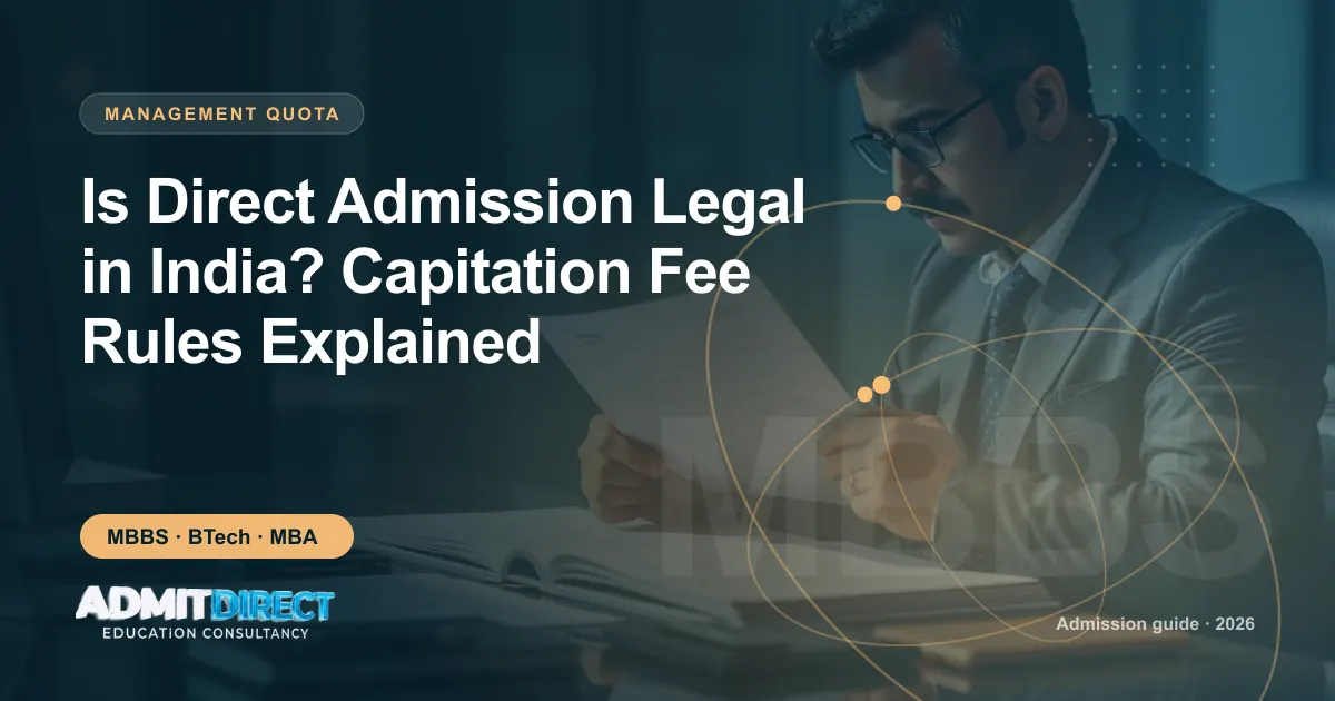 Person carefully reading official admission documents, with the title “Is Direct Admission Legal in India? Capitation Fee Rules Explained” — AdmitDirect article cover