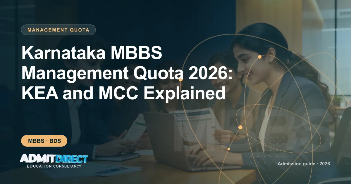 Students reviewing university brochures together, with the title “Karnataka MBBS Management Quota 2026: KEA and MCC Explained” — AdmitDirect article cover
