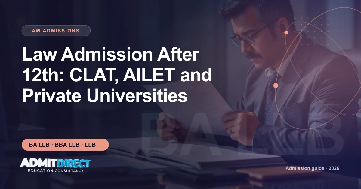 Person carefully reading official admission documents, with the title “Law Admission After 12th: CLAT, AILET and Private Universities” — AdmitDirect article cover