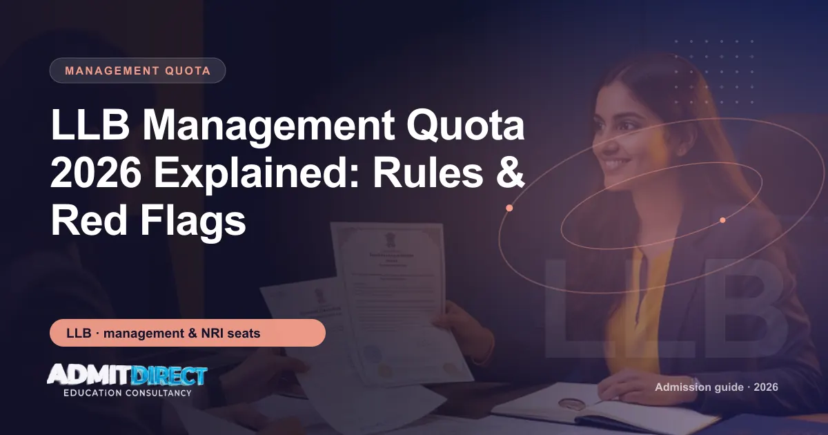 Admission adviser and student reviewing documents across a desk, with the title “LLB Management Quota 2026 Explained: Rules & Red Flags” — AdmitDirect article cover