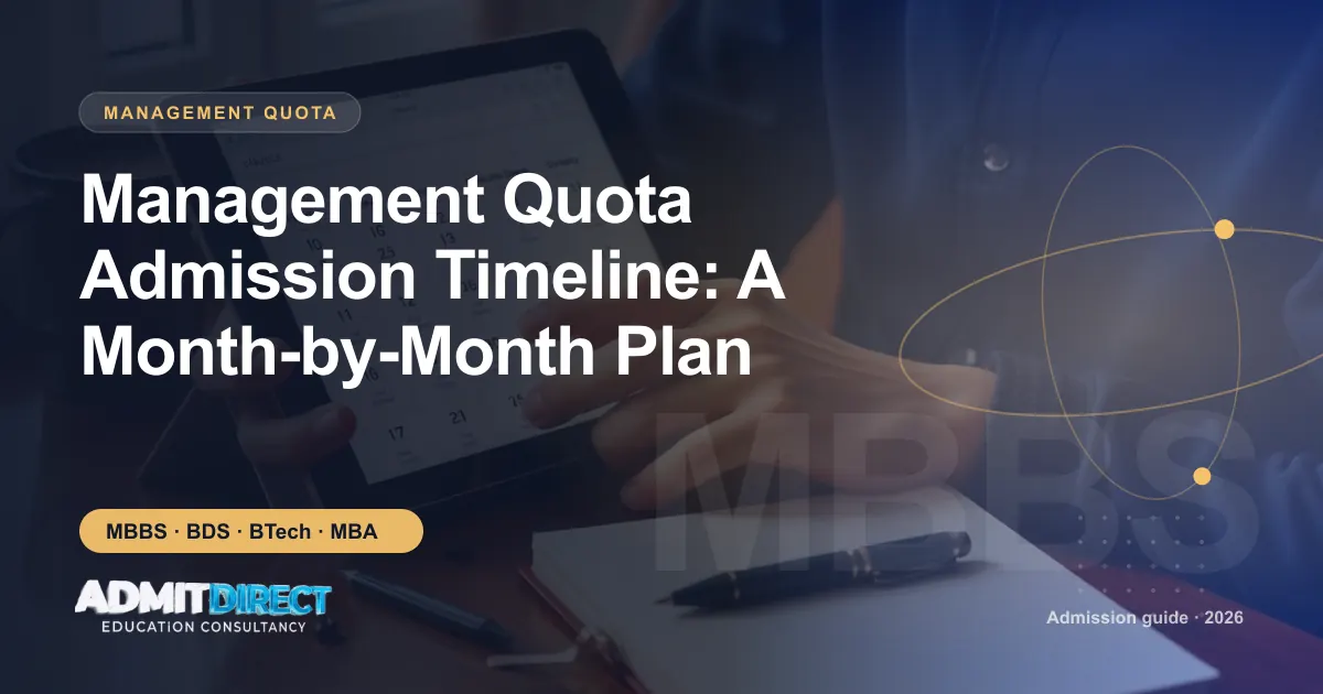 Student checking an admission calendar on a tablet, with the title “Management Quota Admission Timeline: A Month-by-Month Plan” — AdmitDirect article cover