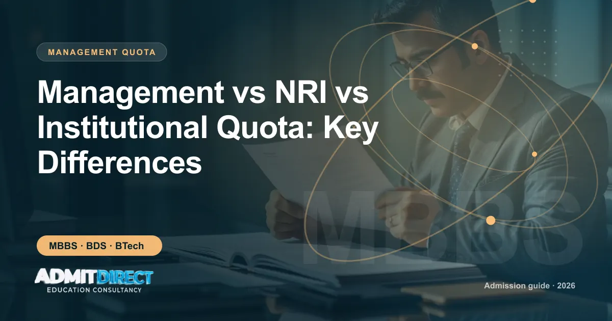 Person carefully reading official admission documents, with the title “Management vs NRI vs Institutional Quota: Key Differences” — AdmitDirect article cover