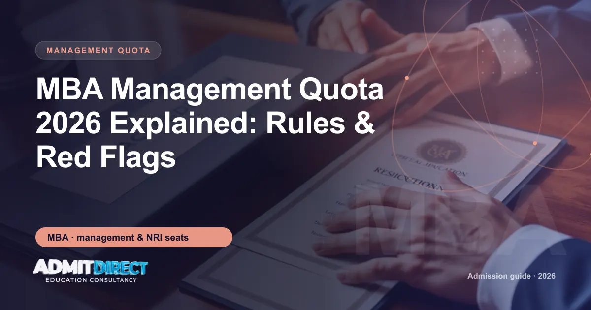 Accreditation file and certificate on a desk, with the title “MBA Management Quota 2026 Explained: Rules & Red Flags” — AdmitDirect article cover