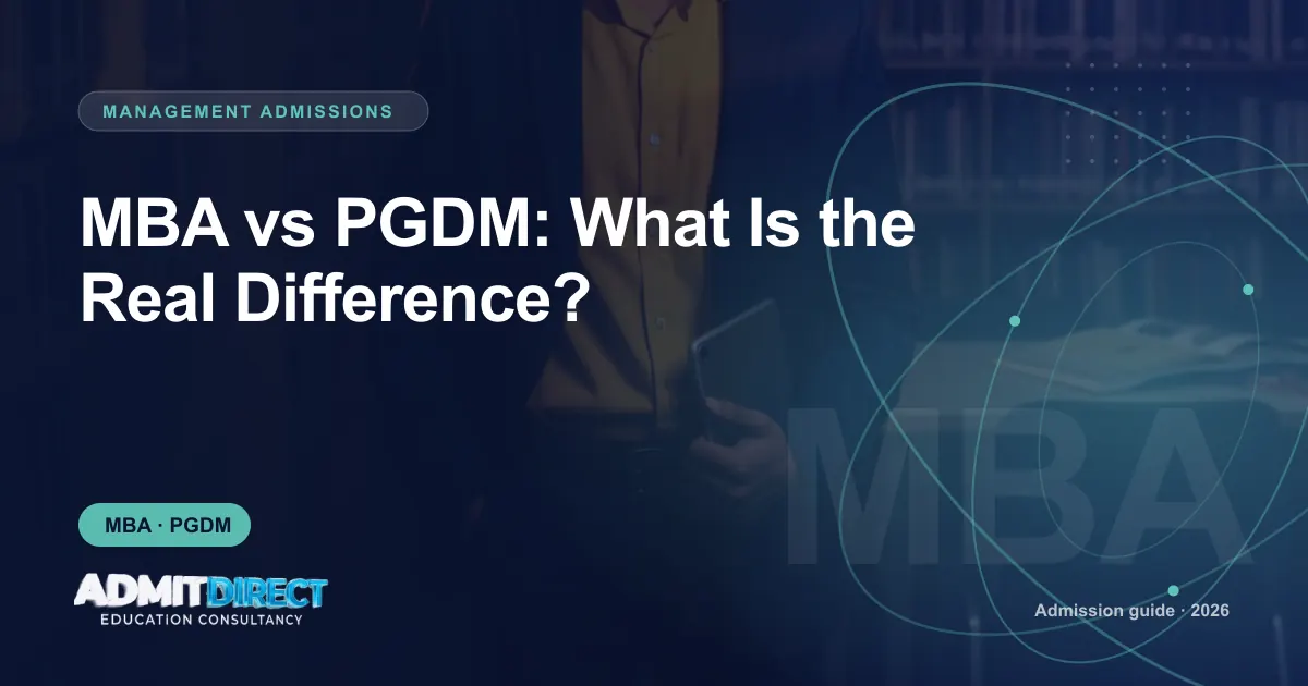 Management student standing in a library, with the title “MBA vs PGDM: What Is the Real Difference?” — AdmitDirect article cover