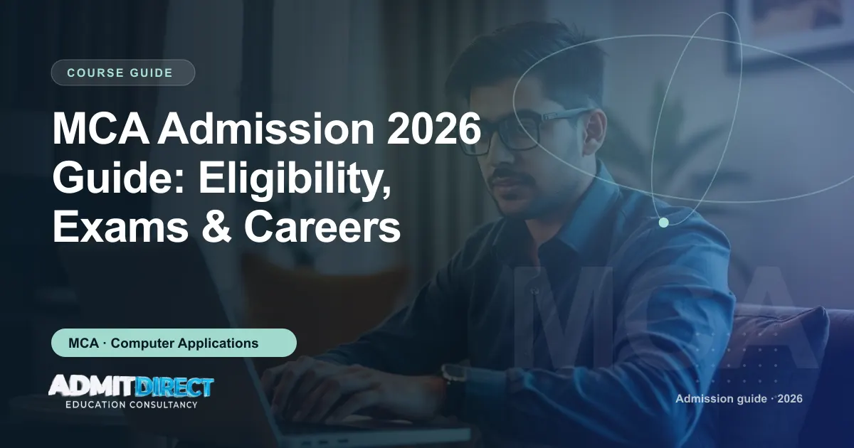 Student studying on a laptop, with the title “MCA Admission 2026 Guide: Eligibility, Exams & Careers” — AdmitDirect article cover