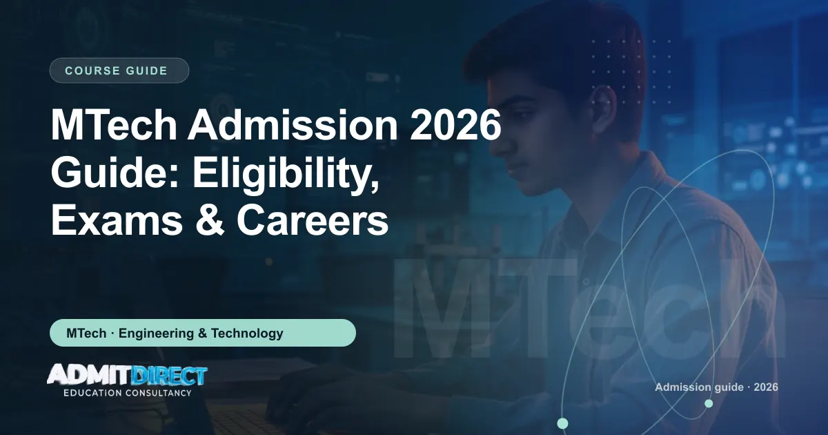 Student working at a computer in a technology lab, with the title “MTech Admission 2026 Guide: Eligibility, Exams & Careers” — AdmitDirect article cover