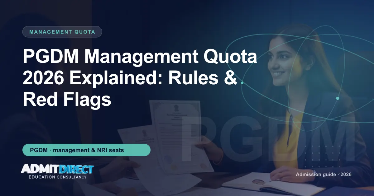 Admission adviser and student reviewing documents across a desk, with the title “PGDM Management Quota 2026 Explained: Rules & Red Flags” — AdmitDirect article cover