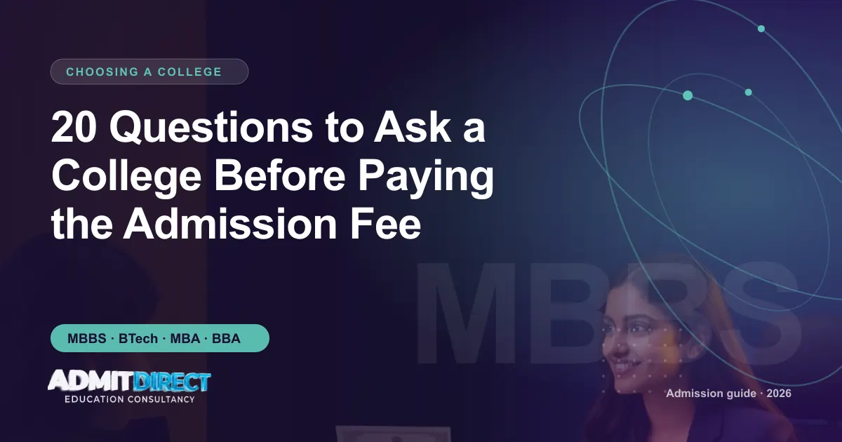 Admission adviser and student reviewing documents across a desk, with the title “20 Questions to Ask a College Before Paying the Admission Fee” — AdmitDirect article cover