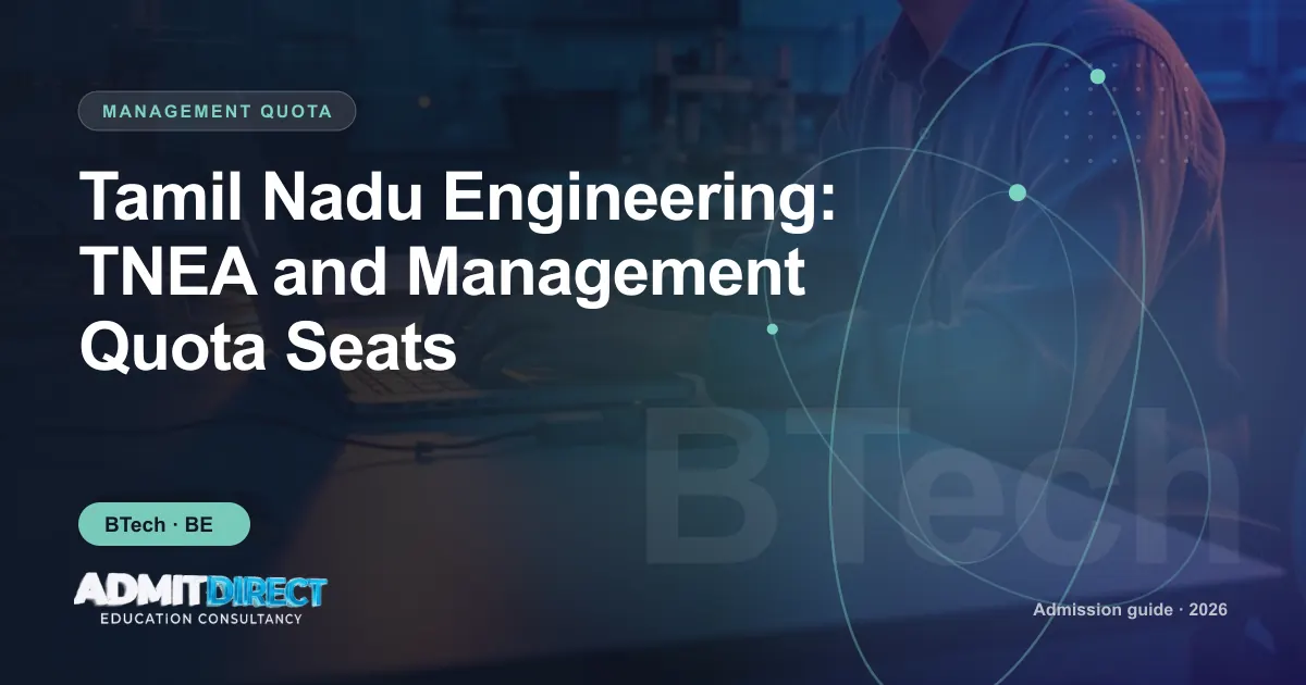 Student working at a computer in a technology lab, with the title “Tamil Nadu Engineering: TNEA and Management Quota Seats” — AdmitDirect article cover