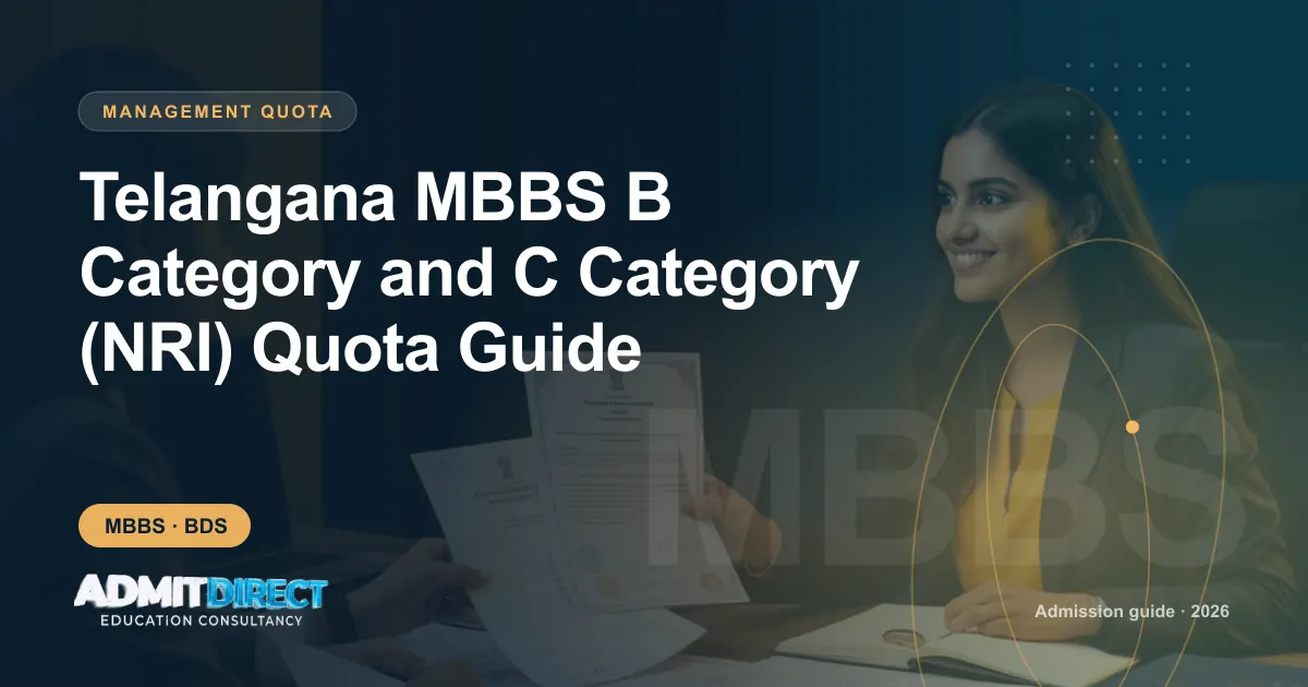 Admission adviser and student reviewing documents across a desk, with the title “Telangana MBBS B Category and C Category (NRI) Quota Guide” — AdmitDirect article cover