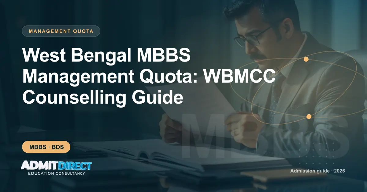 Person carefully reading official admission documents, with the title “West Bengal MBBS Management Quota: WBMCC Counselling Guide” — AdmitDirect article cover