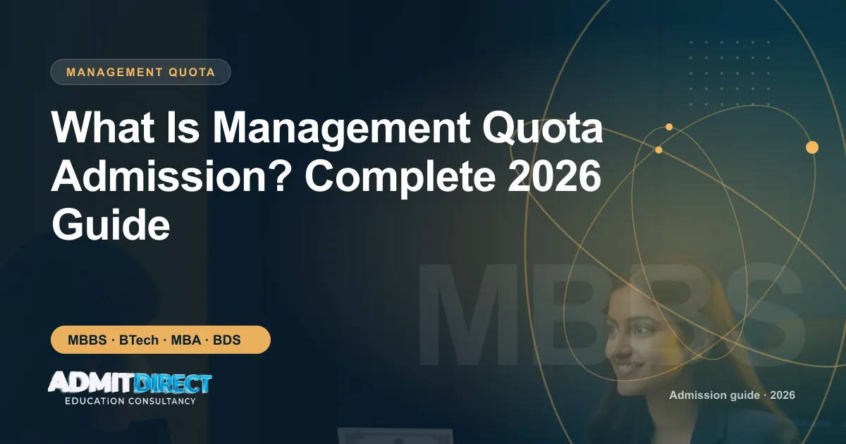 Admission adviser and student reviewing documents across a desk, with the title “What Is Management Quota Admission? Complete 2026 Guide” — AdmitDirect article cover